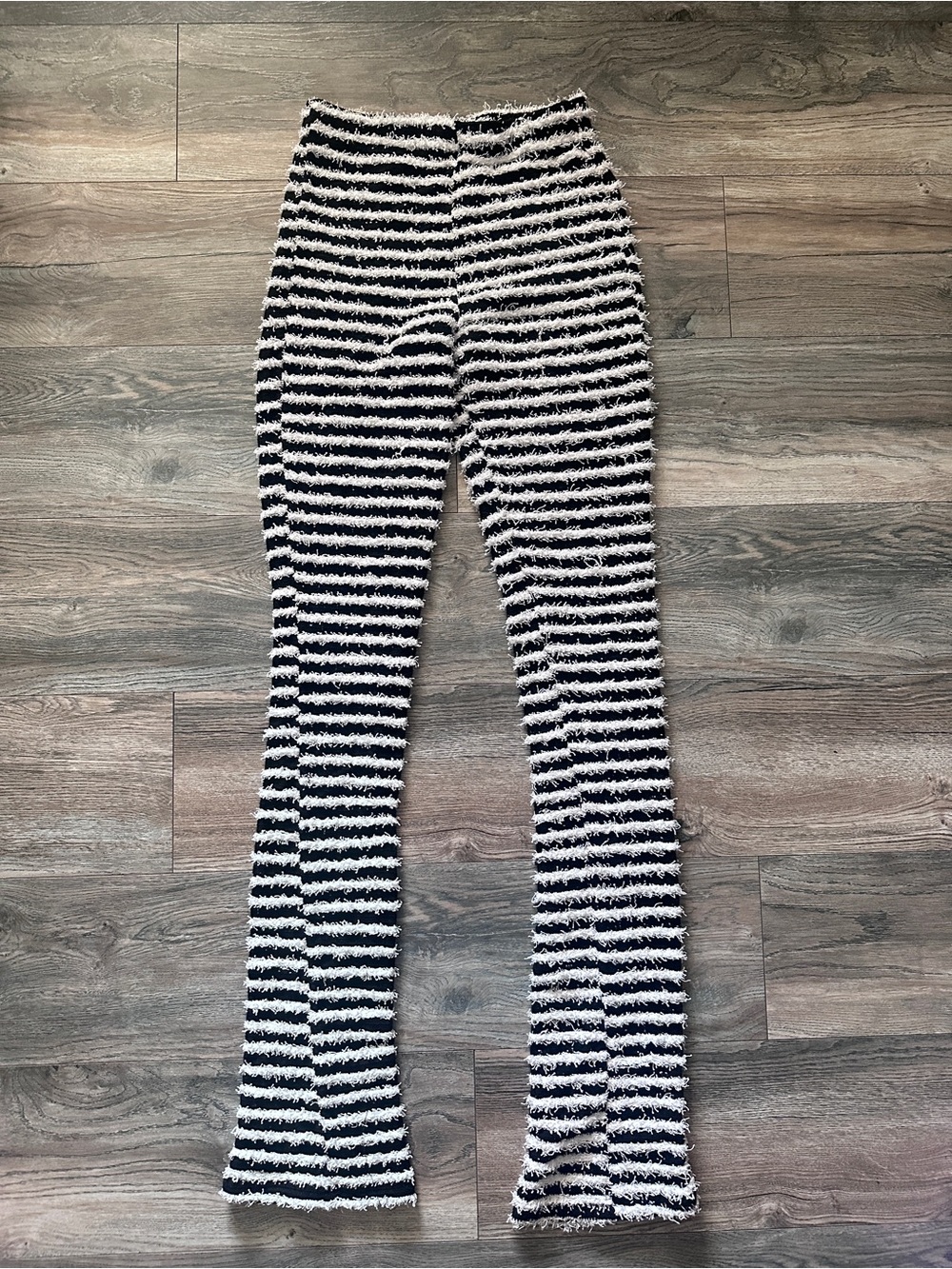 Striped Fuzzy Knit Flare Pants in Black & White